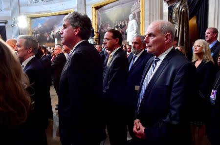 White House Chief of Staff John Kelly (R) stands with fellow administration officials and quests during the memorial service for Sen. John McCain, R-Ariz., in the Capitol Rotunda where he will lie in state at the U.S. Capitol, in Washington, DC on Friday, August 31, 2018. McCain, an Arizona Republican, presidential candidate, and war hero, died August 25th at the age of 81. He is the 31st person to lie in state at the Capitol in 166 years. Photo Ken Cedeno/UPI POOL Via REUTERS