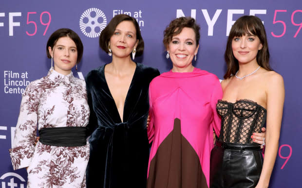 Jessie Buckley, Maggie Gyllenhaal, Olivia Colman and Dakota Johnson at the premiere screening of 'The Lost Daughter.'<p>Photo: Monica Schipper/Courtesy of Netflix</p>