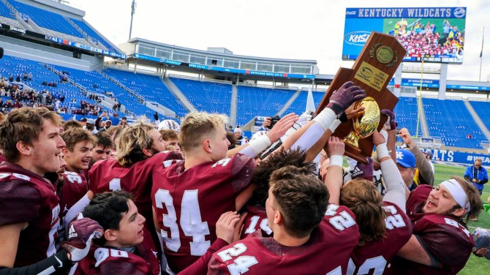 The Pikeville Panthers celebrate their 41-9 win over Raceland in the Class A state championship game at Kroger Field in Lexington last fall. Pikeville won its third state title in the last four years and its seventh overall and is ranked No. 1 by the state’s coaches to kick off the 2023 season.