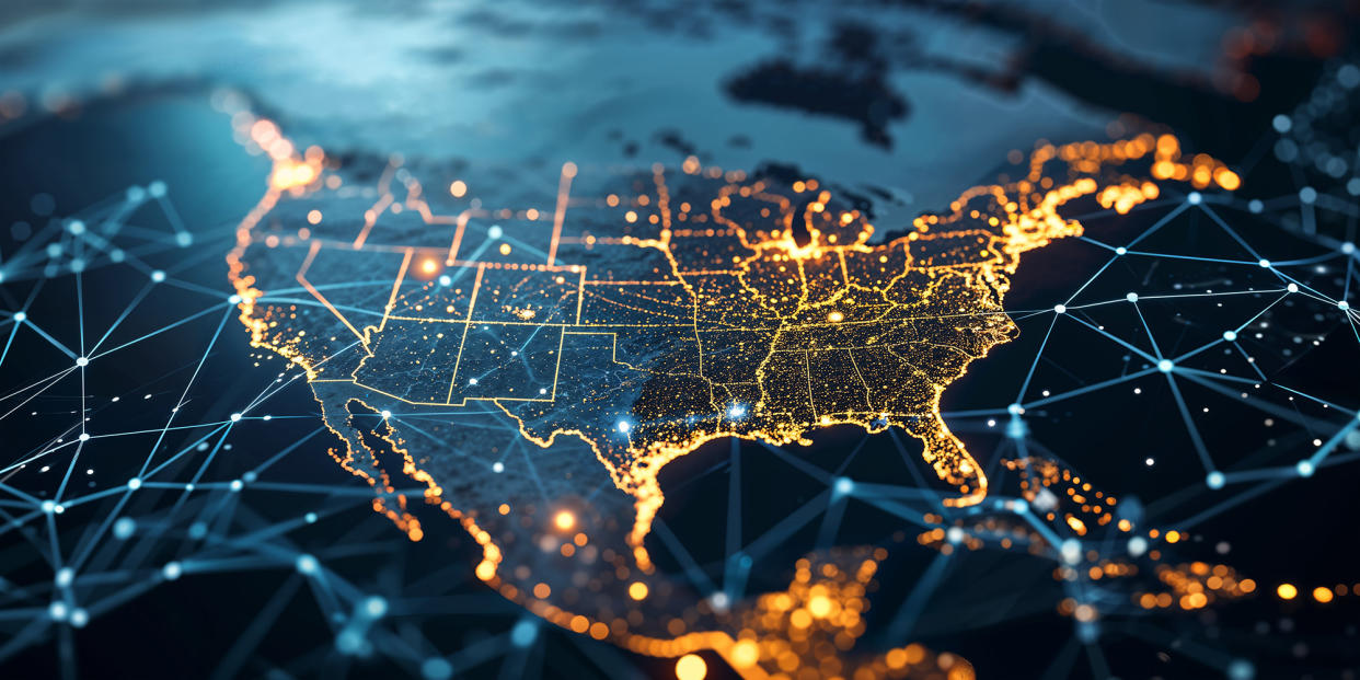 Digital map of USA illustrating concept of global network, connectivity, data transfer, and telecommunication