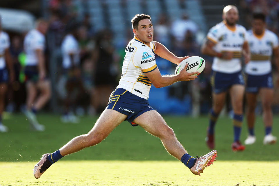 Mitchell Moses, pictured here in action for the Eels against Newcastle in a trial game.