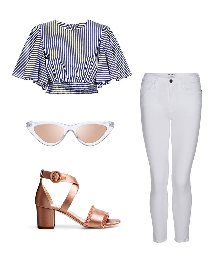 <p>Inspired by Kendall’s French Riviera yachting style, this look is comfortable, breezy, and also very appropriate for the Memorial Day weekend. White is wearable again! </p>