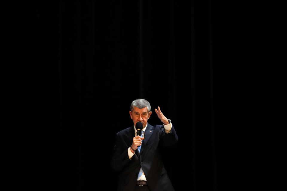 FILE - Presidential candidate and former Czech Republic's prime minister Andrej Babis addresses his supporters during a debate in Benesov, Czech Republic, Thursday, Jan. 19, 2023. Retired army Gen. Petr Pavel is challenging populist billionaire Andrej Babis in the Czech presidential runoff vote for the largely ceremonial post that pits the political newcomer against the former prime minister. (AP Photo/Petr David Josek, File)