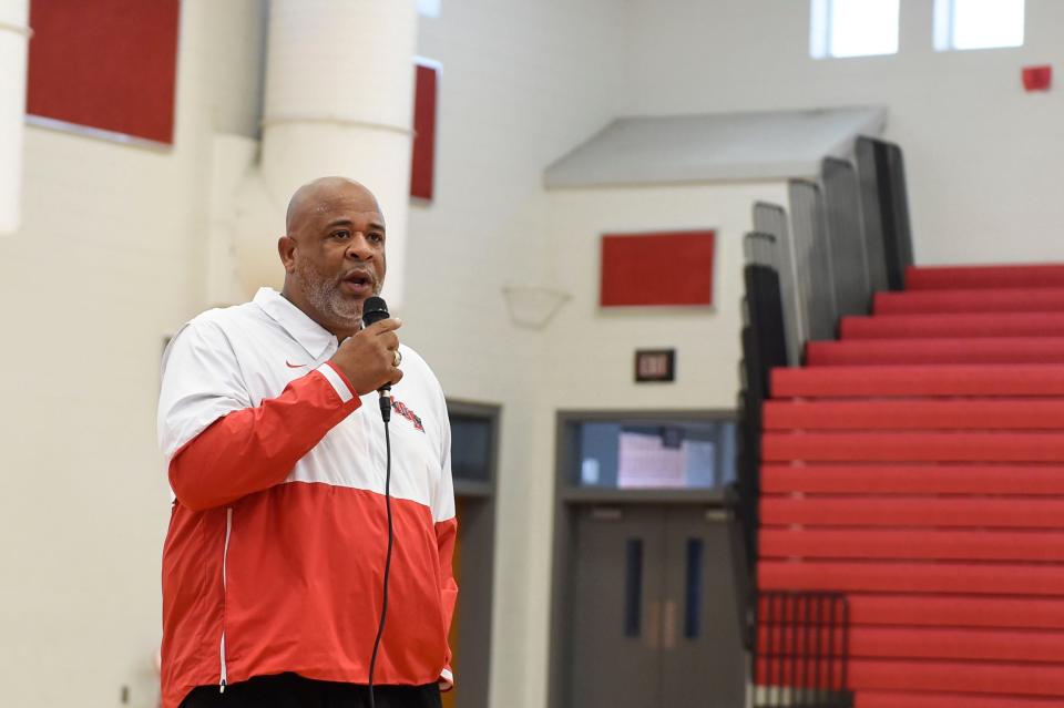 Laney boys basketball head coach Tracey Gamble introduces James Nipper during NipperÕs signing at Laney High School on Friday, June 10, 2022. Nipper will play point guard at Livingstone College in North Carolina in the fall. 