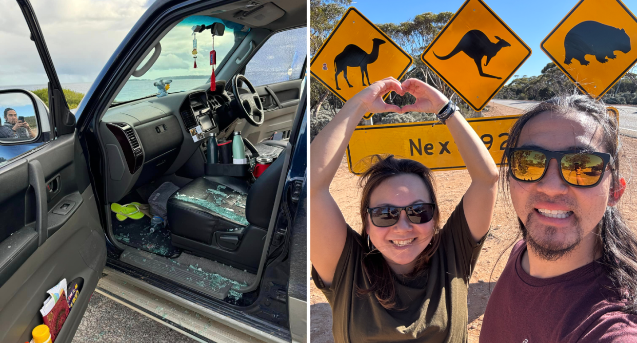 Left, Thiago Mizutani's 4WD with a smashed window after it was broken into while parked at an Aussie beach. Right, Thiago Mizutani and his wife Lidia standing in front of wildlife signs on the side of a road.