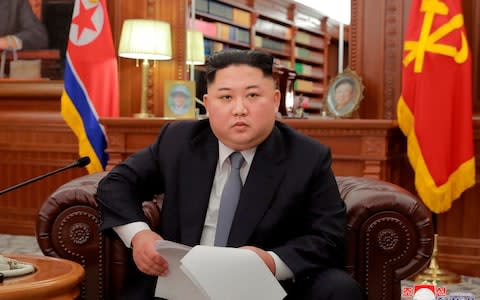 Kim Jong-un warned the US not to "misjudge" his patience in a speech on New Year's Day - Credit: HOGP/AP