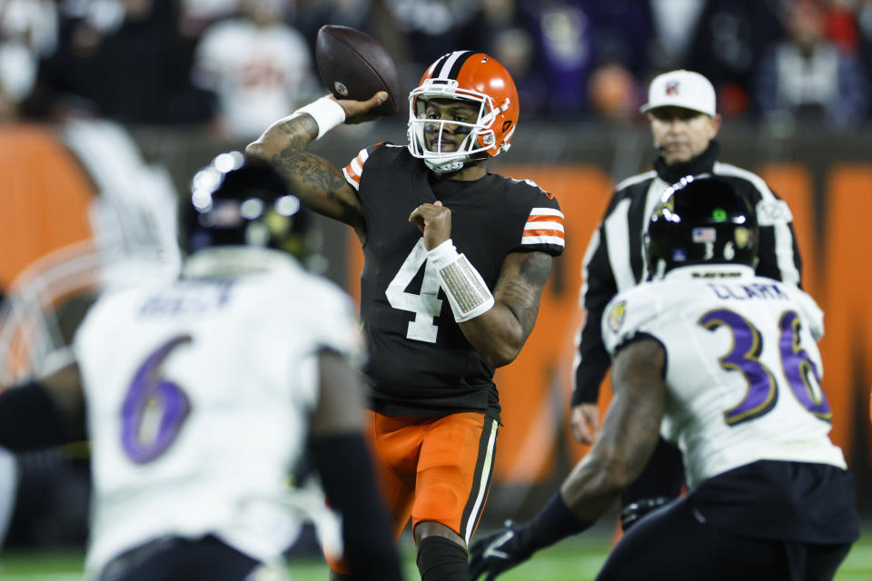 Cleveland Browns quarterback Deshaun Watson (4) throws a pass during the first half of an NFL football game against the Baltimore Ravens, Saturday, Dec. 17, 2022, in Cleveland. (AP Photo/Ron Schwane)