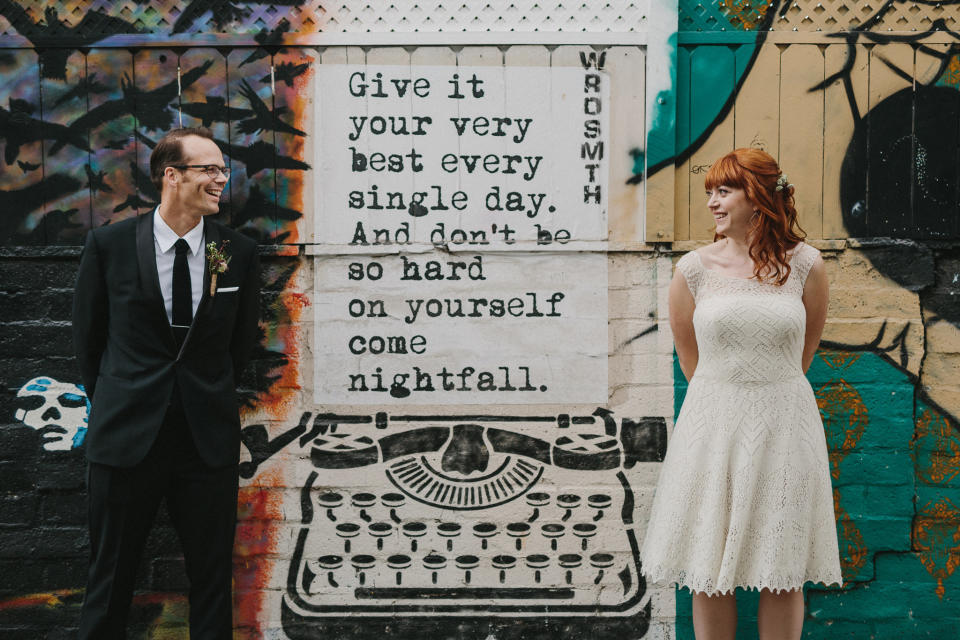 "From the moment I got engaged, I knew I wanted to make my own wedding dress. I'm obviously a big fan of all things DIY, and I've never been a woman who bought into the whole wedding-industrial complex," bride Laura Birek, who runs the blog <a href="http://nocturnalknits.com" target="_blank">Nocturnal Knits</a>, told HuffPost. "The thought of buying an ill-fitting polyester dress for $1000+ didn't make me feel special. But just thinking about <a href="https://nocturnalknits.com/2017/07/story-hand-knit-wedding-dress/" target="_blank">designing my own dress</a> made me giddy with excitement, and I knew it would make me feel extra-special on my wedding day. And I was right! It took a&nbsp;ton of math (designing knitwear is a lot like writing code),&nbsp;a few false starts (I had to knit the bodice twice), and about 100 hours of knitting in front of the television!"