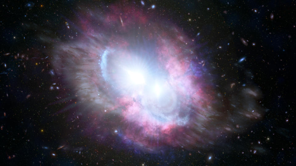 This artist's impression shows a closely bound duo of energetic quasars — the hallmark of a pair of merging galaxies — seen when the universe was only three billion years old.