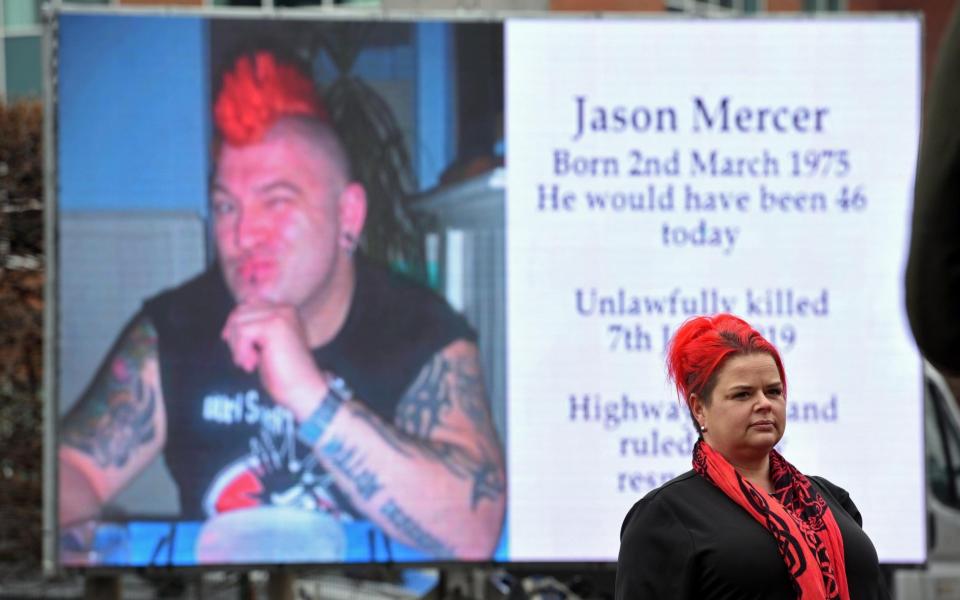 Claire Mercer marks what would have been her husband Jason's 46th birthday by placing a giant screen outside South Yorkshire Police's HQ in Sheffield - Asadour Guzelian/Guzelian Ltd 