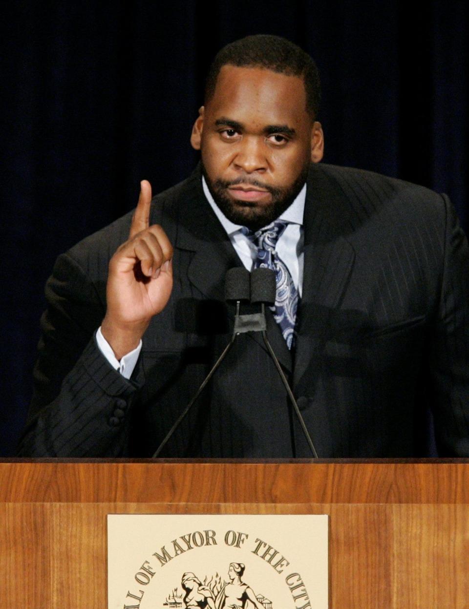 Detroit Mayor Kwame Kilpatrick gives his State of the City address in Detroit, Tuesday, March 11, 2008.