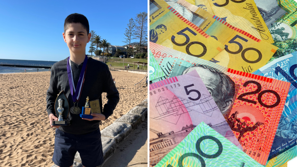 A composite image of Jake holding his chess trophies and Australia money to represent what he makes teaching chess as his side hustle.