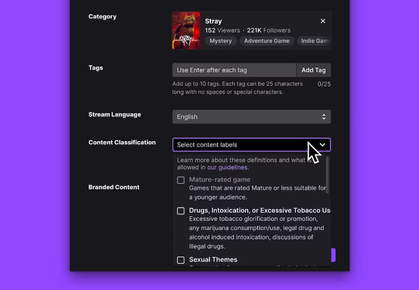 A pull down shows different labels to choose for the Twitch stream. 