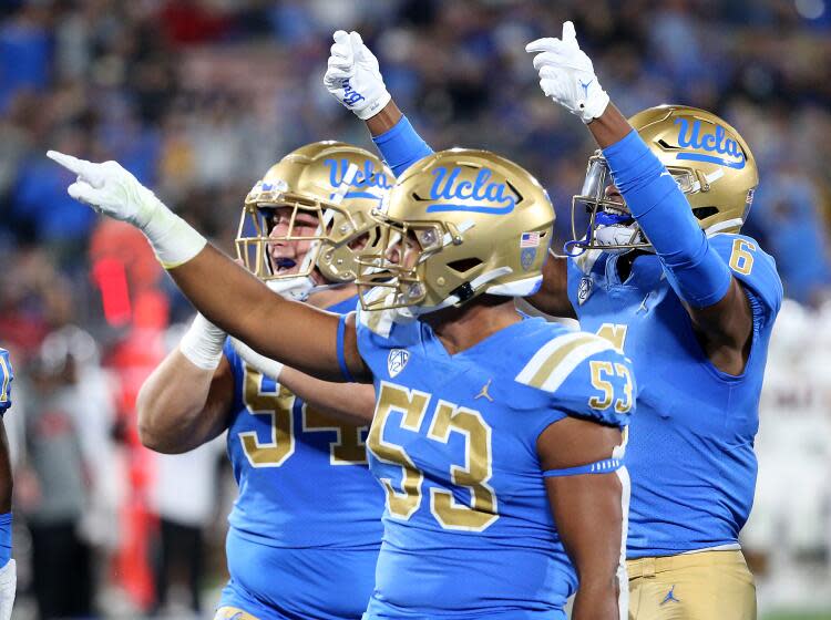 UCLA linebacker Darius Muasau (53) celebrates after intercepting a pass against Stanford