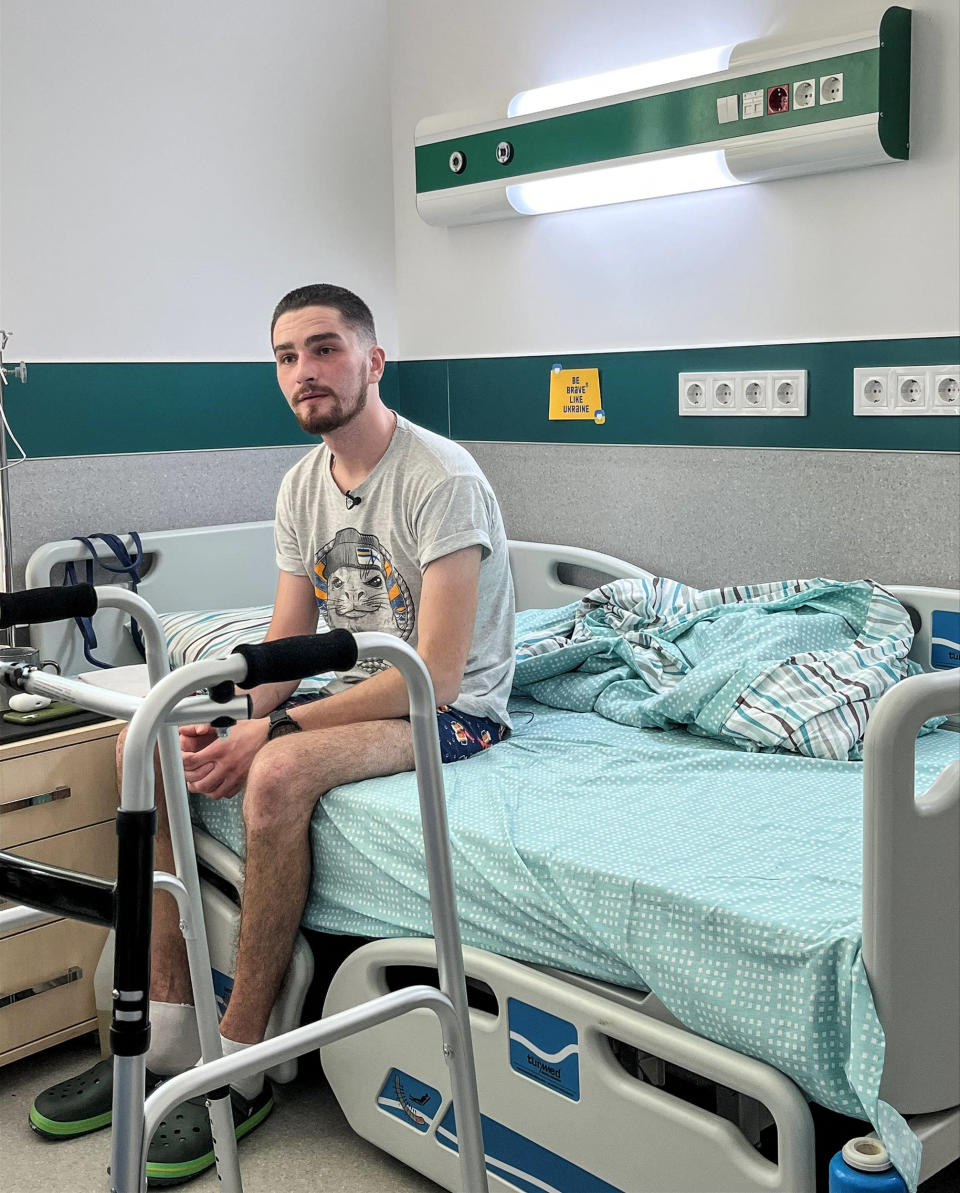 Ukrainian marine Hlib Stryzhko, 25, said he was transferred to Russia after he was seriously injured by tank shelling on April 10. (Supplied to NBC News)