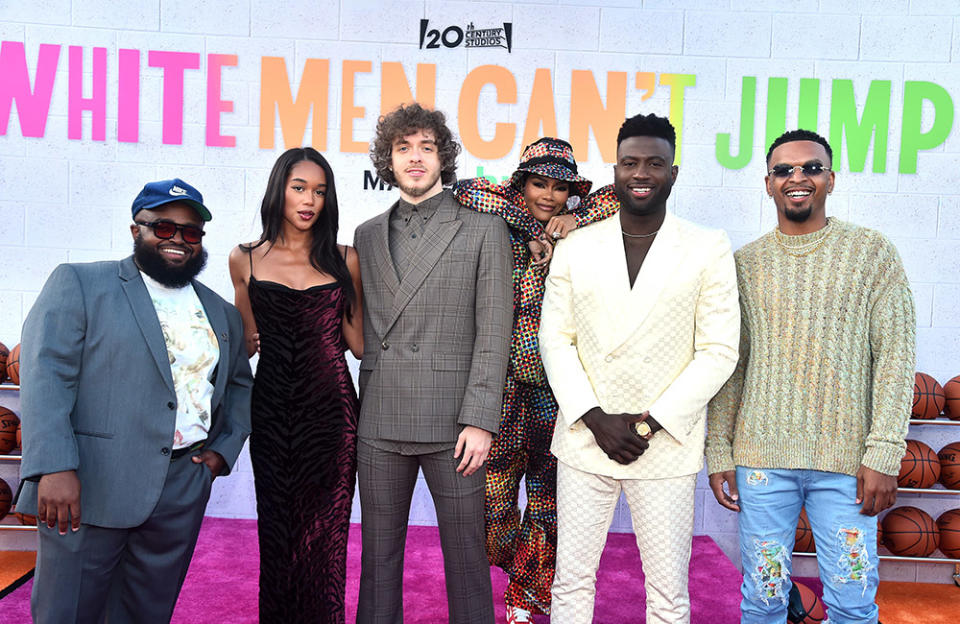 (L-R) Calmatic, Laura Harrier, Jack Harlow, Teyana Taylor, Sinqua Walls and Myles Bullock attend the premiere of "White Men Can't Jump" at El Capitan Theatre in Hollywood, California on May 11, 2023.