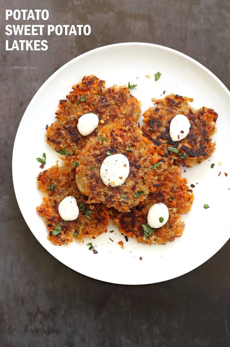 Vegan potato and sweet potato latkes from