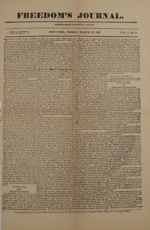 On March 16, 1827, Freedom's Journal, the first Black-owned and -operated newspaper in the United States, was published in New York. File Photo courtesy of The Afro-American Press/Wikimedia