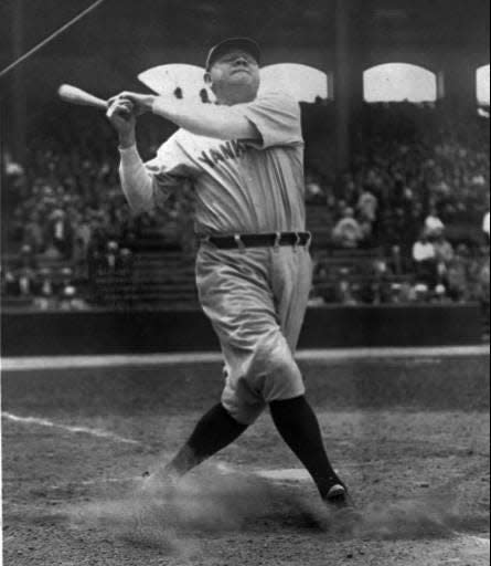 Babe Ruth takes a big swing at New York's Yankee Stadium June 18, 1929.