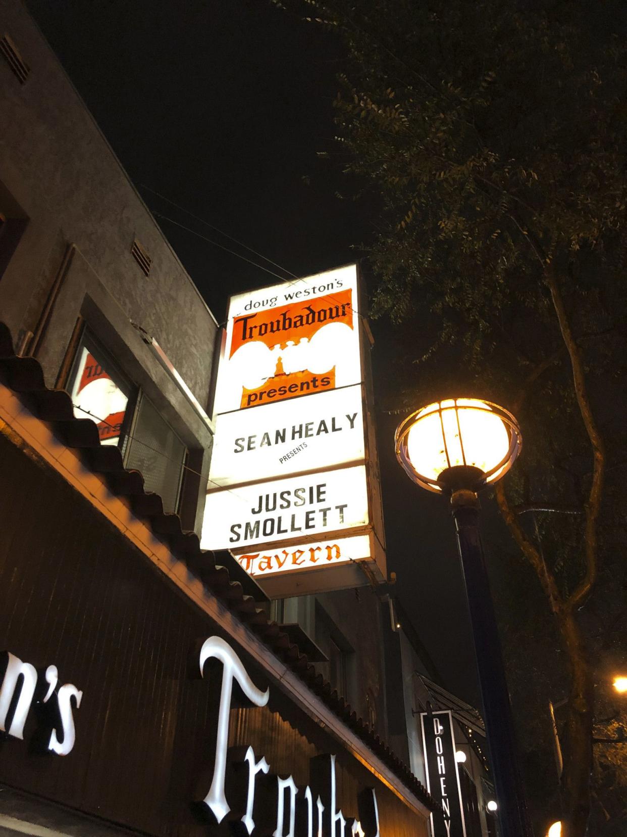 The Troubadour headlines singer and actor Jussie Smollett on its marquee who performs in concert on Feb. 2, 2019, in West Hollywood, Calif. "Empire" actor and R&B; singer Smollett opened a Southern California concert with an emotional speech, saying he had to play the show because he couldn't let his attackers win.
