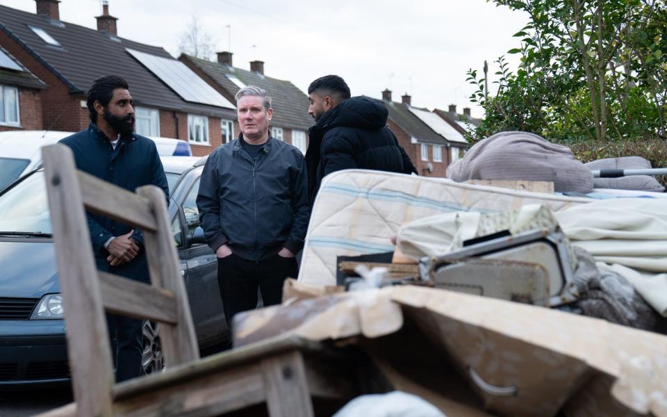 Labour Party leader Sir Keir Starmer meets residents in Loughborough, East Midlands whose houses have flooded during Storm Henk