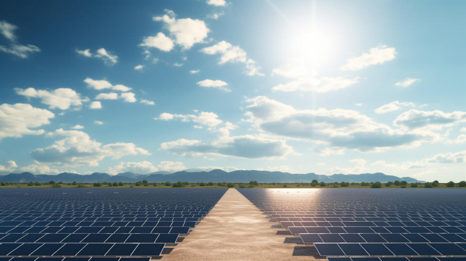 A vast expanse of solar panels stretching as far as the eye can see.