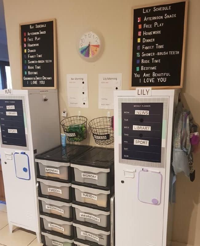 Cranebrook mum Belinda Hampson has managed to get her kids’ morning routine down to a fine art, by scouring bargain shops to create her very own school station. Photo: Belinda Hampson