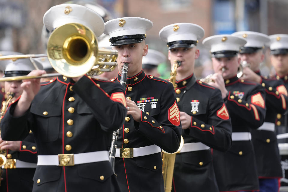 Members of a United State Marine Corps marching band play while participating in the St. Patrick's Day parade, Sunday, March 17, 2024, in Boston's South Boston neighborhood. (AP Photo/Steven Senne)