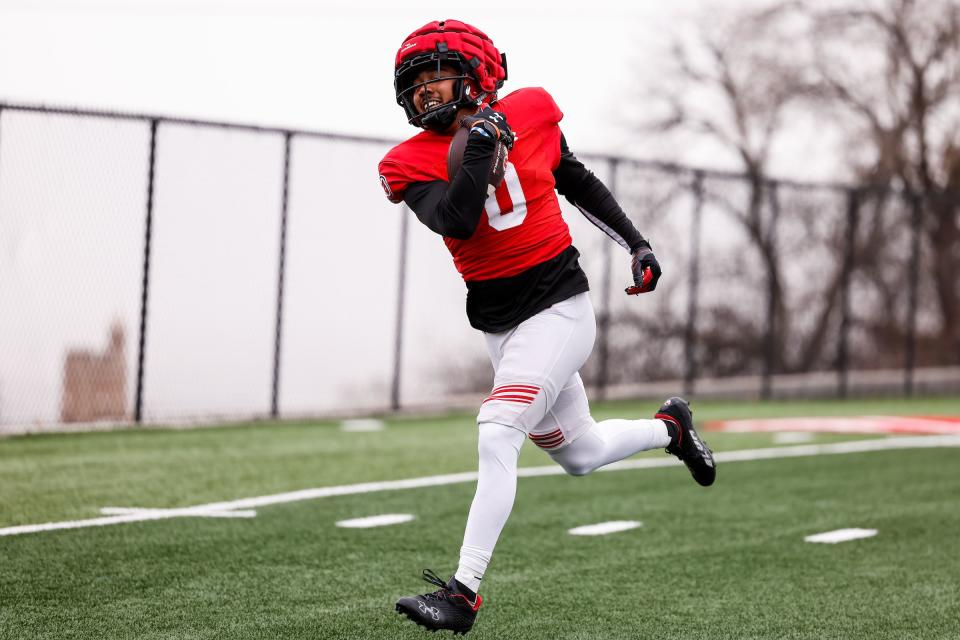 Utah receiver Mikey Matthews makes a catch during spring drills at the University of Utah in Salt Lake City. Matthews and the rest of the Utes will be on display at the Forever 22 Game on Saturday at Rice-Eccles Stadium. | Hunter Dyke, Utah Athletics