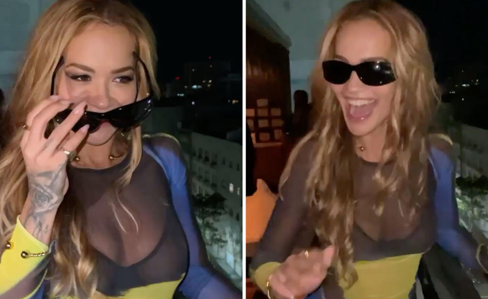 Two photos of Rita Ora as she puts sunglasses on and smiles on a balcony, while wearing a sheer dress