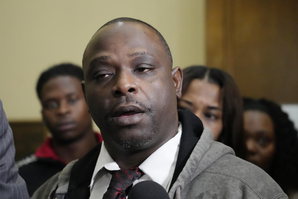 Eddie Terrell Parker who with his friend Michael Corey Jenkins, were victims of racially motivated torture by six former Mississippi law enforcement officers, speaks to reporters following the sentencing in state court of the former lawmen for their roles in the 2023 assault, Wednesday, April 10, 2024, in Brandon, Miss. Rankin County Circuit Judge Steve Ratcliff gave the six former Mississippi law enforcement officers yearslong state sentences that were shorter than the amount of time in federal prison that they had already received. Time served for the state convictions will run concurrently, or at the same time, as the federal sentences, and the men will serve their time in federal penitentiaries. (AP Photo/Rogelio V. Solis)