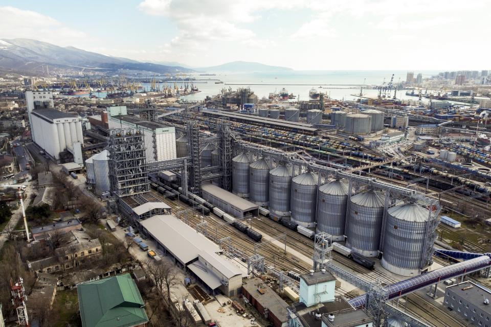 The grain terminal in the Tsemess Bay of the city of in Novorossiysk, Russia, Wednesday, March 16, 2022. Ukraine is steadily exporting grains from its Black Sea ports under a wartime deal brokered last month, but the agreement has also proven helpful to Russian farmers and the country's cornerstone agriculture industry. (AP Photo)