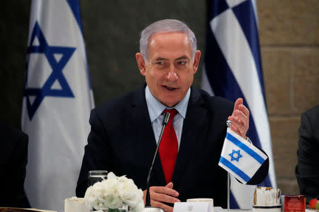 Israeli Prime Minister Benjamin Netanyahu speaks during a meeting with U.S. Secretary of State Mike Pompeo, Greek Prime Minister Alexis Tsipras and Cypriot President Nicos Anastasiades in Jerusalem March 20, 2019. REUTERS/Jim Young/Pool