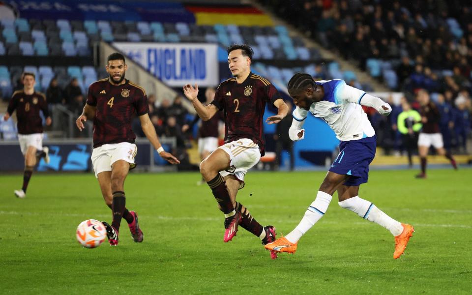 Samuel Iling-Junior scoring for England under-20s against Germany