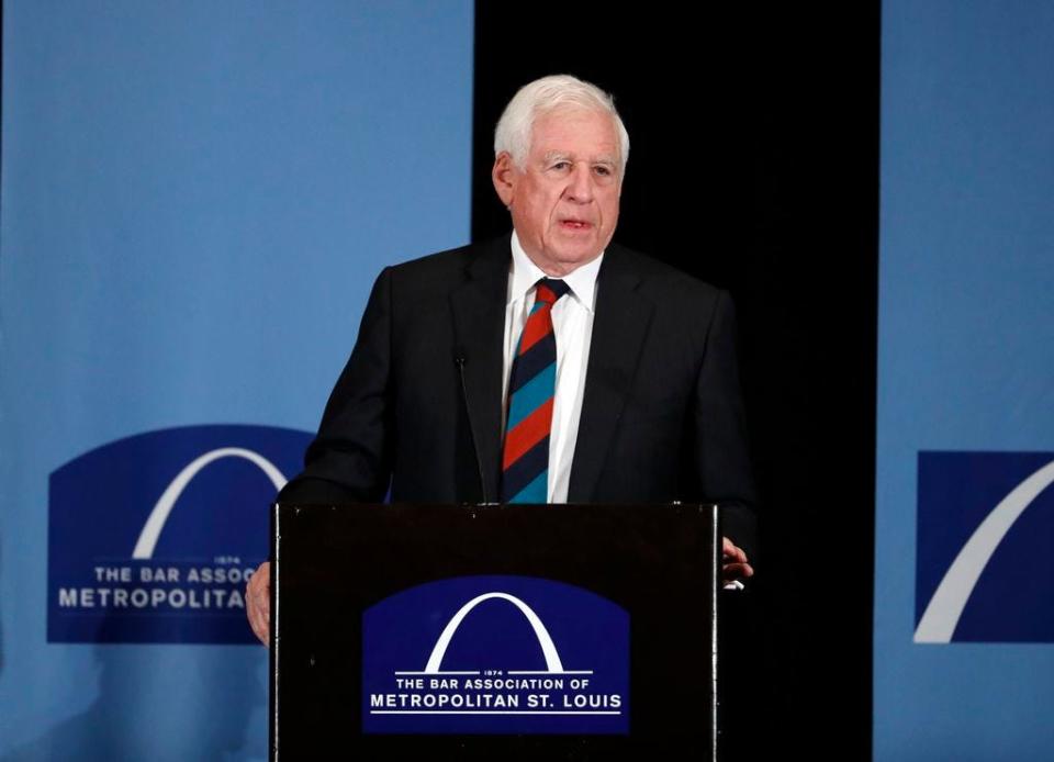 Former U.S. Sen. John Danforth speaks at the Bar Association of Metropolitan St. Louis in St. Louis on May 5, 2017. . Danforth is critical of efforts by Sen. Josh Hawley, of Missouri, and others in Congress to challenge Democrat Joe Biden's election win. Danforth, a former three-term senator from Missouri, called the effort a "highly destructive attack on our constitutional government." Danforth has previously been a longtime supporter of Hawley, backing his successful runs for Missouri attorney general in 2016 and the U.S. Senate in 2018.