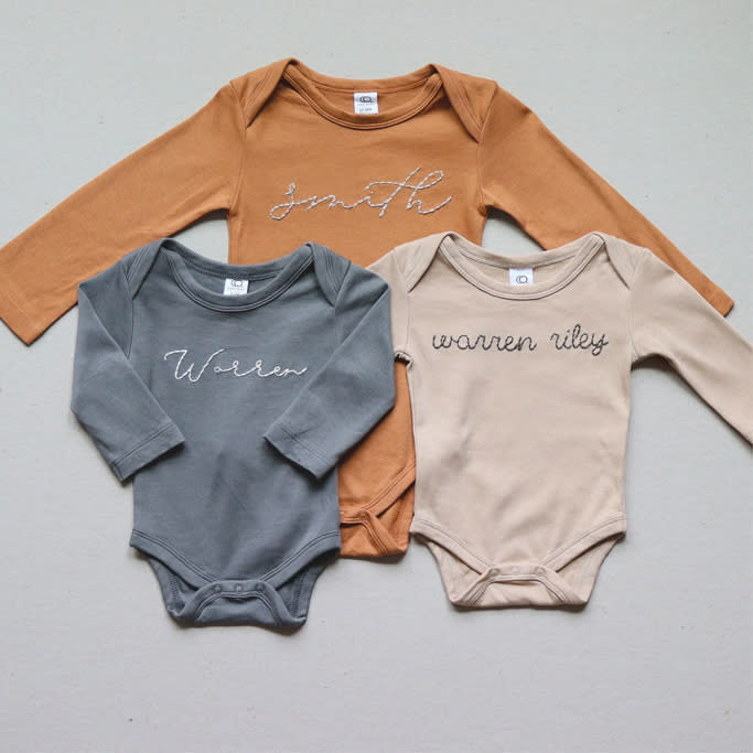 HoneyMoonBabyCo Custom Hand-Embroidered Long-Sleeve Bodysuit