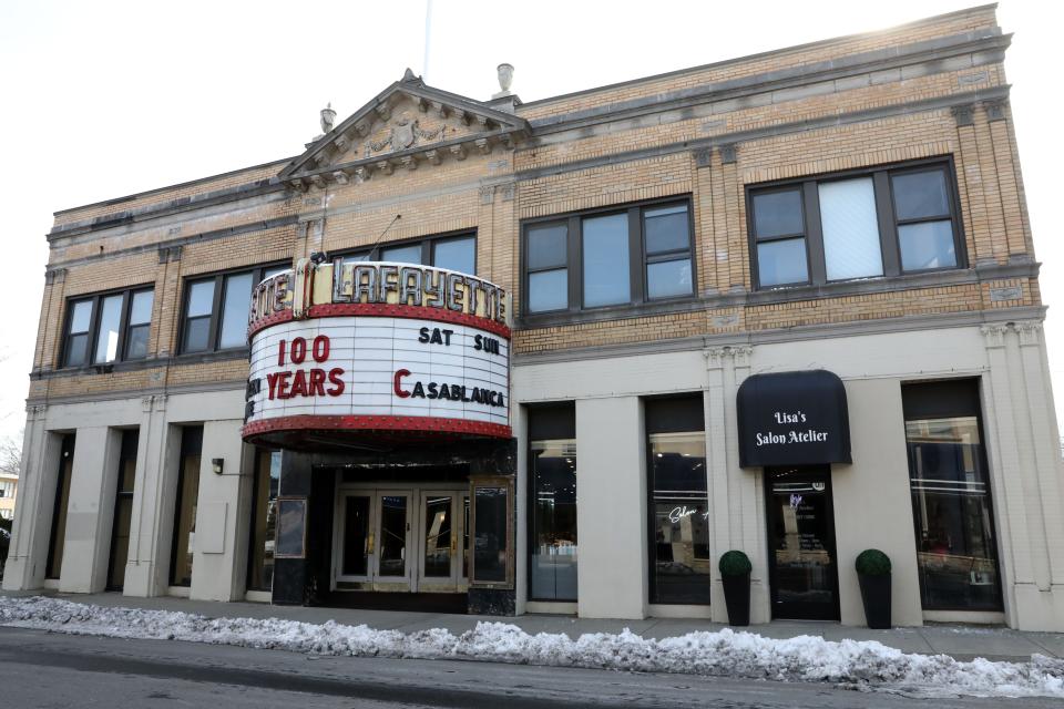 The marquee notes the 100th anniversary of Lafayette Theater in Suffern Feb. 15, 2024. When the theater opened March 3, 1924, the first feature was "Scaramouche," set during the French Revolution, and tickets were 25 cents.