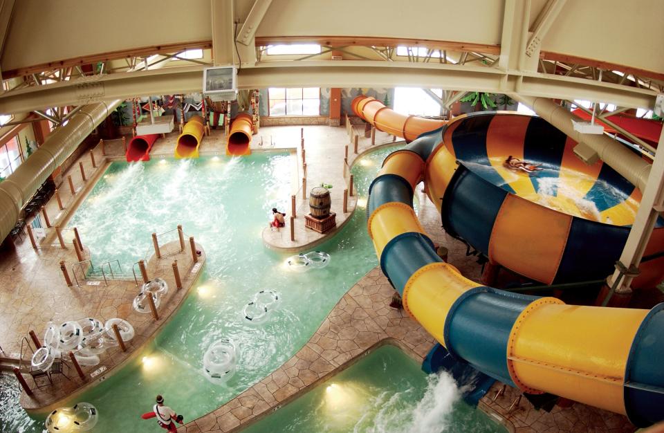 The Coyote Cannon water slide winds its way through part of the indoor water park at Great Wolf Lodge in Grapevine, Texas.