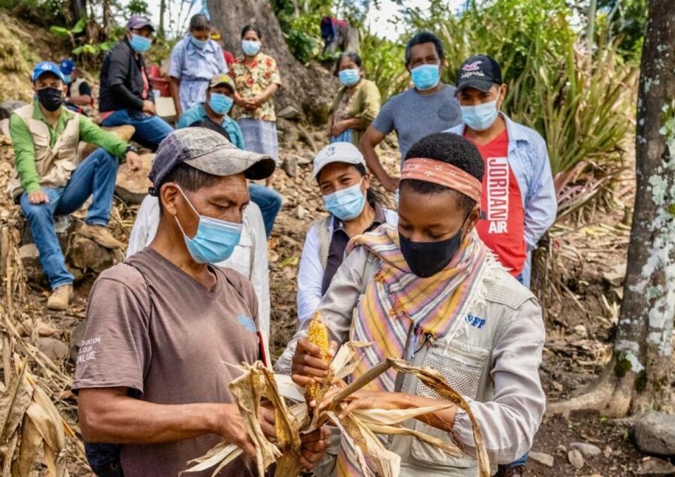 Nyamayaro examines maize with a farmer in Honduras (Behind the Cause)