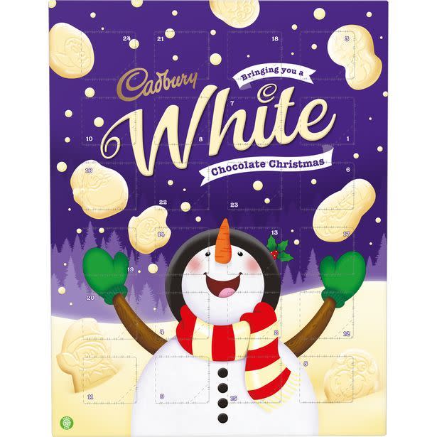 <p>Oh hello! Cadbury's white chocolate advent calendar is filled with, yup, you guessed it... white chocolate!</p>