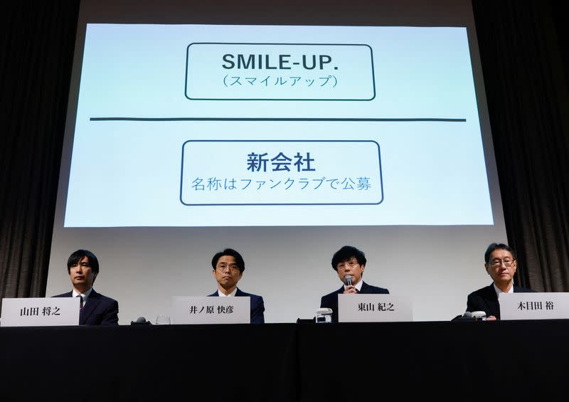  Japan's talent agency Johnny & Associates Chief Noriyuki Higashiyama unveils the new company name SMILE-UP. during a news conference in Tokyo