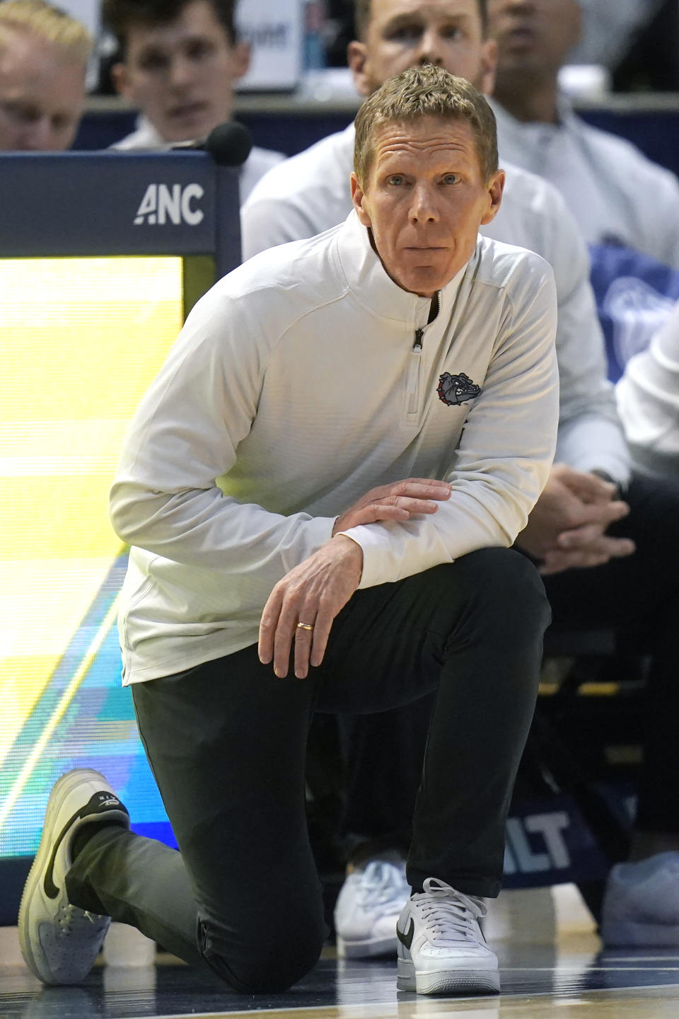 Gonzaga coach Mark Few watches during the first half of the team's NCAA college basketball game againsst BYU on Thursday, Jan. 12, 2023, in Provo, Utah. (AP Photo/Rick Bowmer)