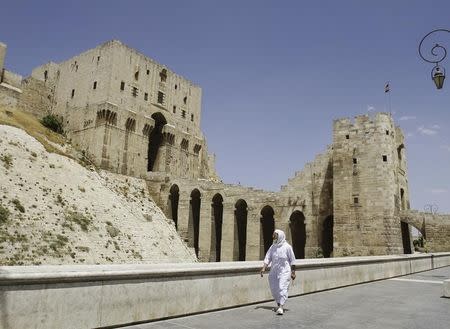 A man walks past the entrance of the Citadel of Aleppo in northern Syria June 23, 2010. REUTERS/Khaled al-Hariri