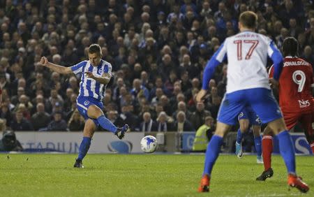 Britain Football Soccer - Brighton & Hove Albion v Birmingham City - Sky Bet Championship - The American Express Community Stadium - 4/4/17 Uwe Huenemeier of Brighton and Hove Albion scores their third goal Mandatory Credit: Action Images / Henry Browne Livepic