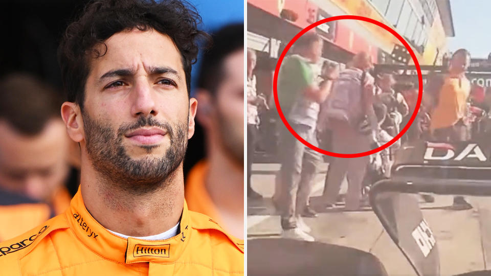 Daniel Ricciardo is pictured left, and on the right is a shot showing the rear of his F1 car and a group of nearby F1 photographers.