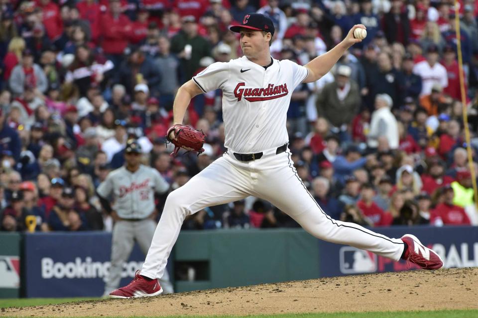 Cleveland Guardians' Tim Herrin pitches in the seventh inning during Game 2 of baseball's AL Division Series against the Detroit Tigers, Monday, Oct. 7, 2024, in Cleveland. (AP Photo/Phil Long)