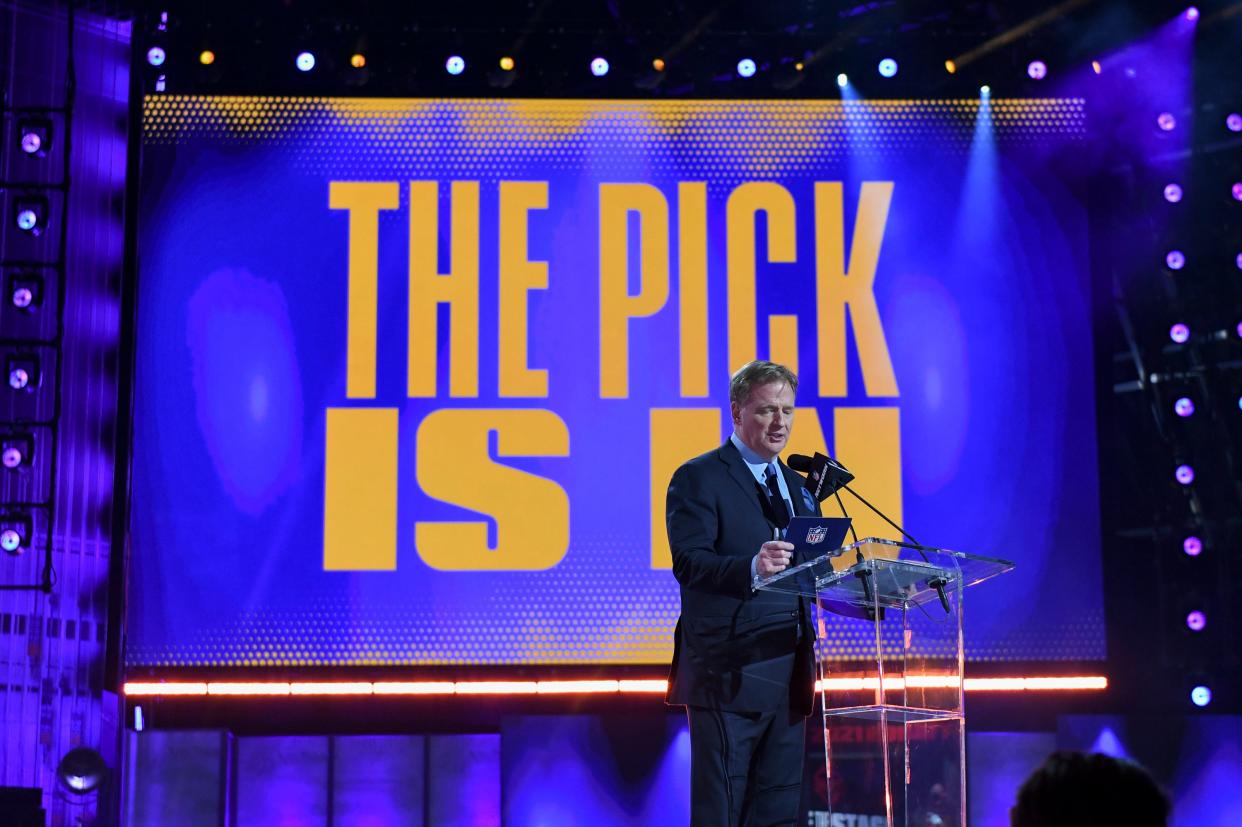 NFL Commissioner Roger Goodell addresses the crowd as the first round of the NFL Draft finishes April 30, 2021, in Cleveland.