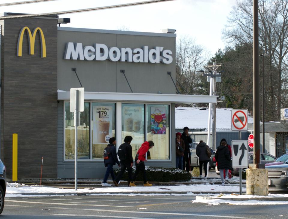 Brockton students are in front of the Belmont Street McDonald's after school on the afternoon of Monday, Jan. 8, 2024.