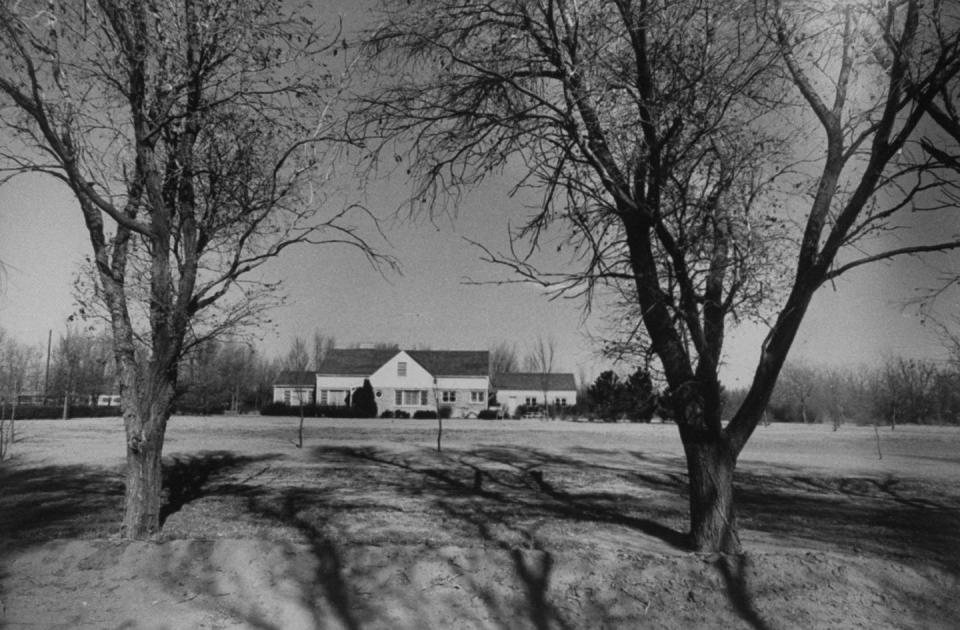 a large home sits on a plot of land, two trees without many leaves are in the foreground