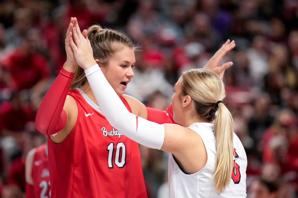 Nov 26, 2022; Columbus, Ohio, United States;  Ohio State University’s Mac Podraza (10) and Kylie Murr (6) celebrate in between points at Covelli Center during the NCAA division I women’s volleyball game between Ohio State University and the University of Wisconsin. Mandatory Credit: Joseph Scheller-The Columbus Dispatch
